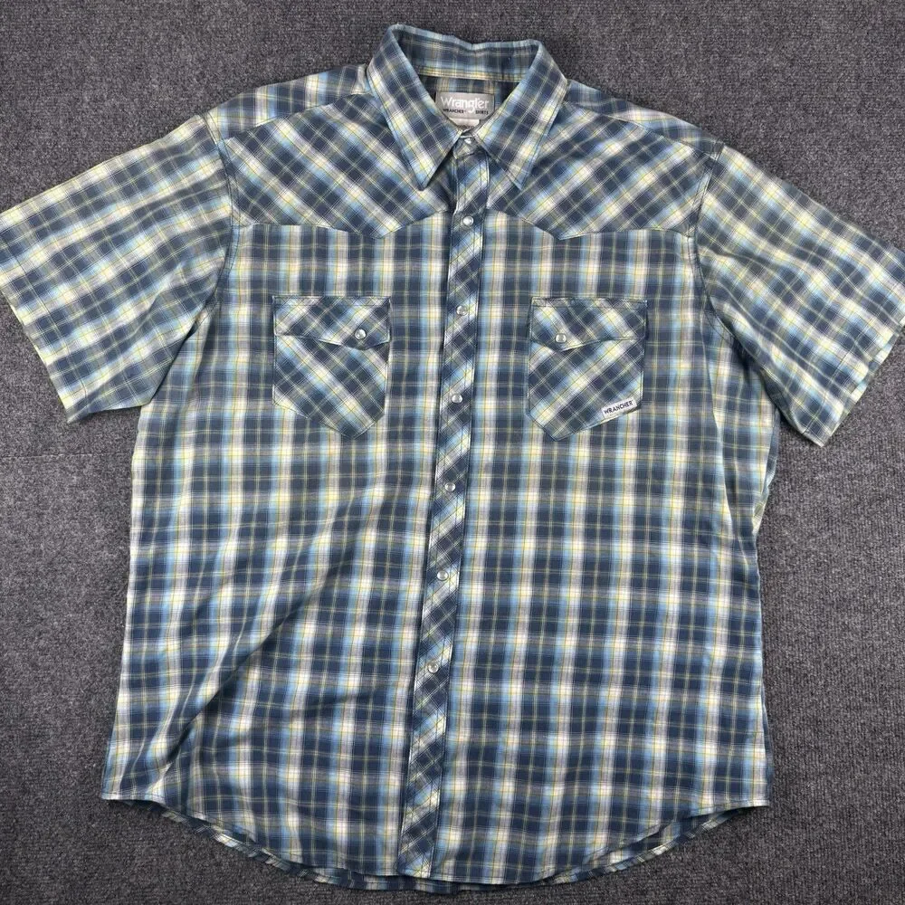 Wrangler Shirt Mens XL Blue Yellow Western Pearl Snap Short Sleeve Wrancher